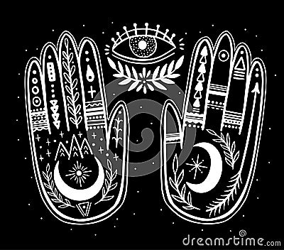 Palmistry of the hand, black and white drawing in a circle on a black background Cartoon Illustration