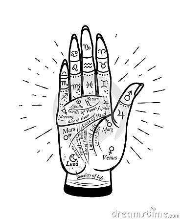 Palmistry Mystic Hand. Vector graphic hand illustration with mystic and occult symbols Vector Illustration