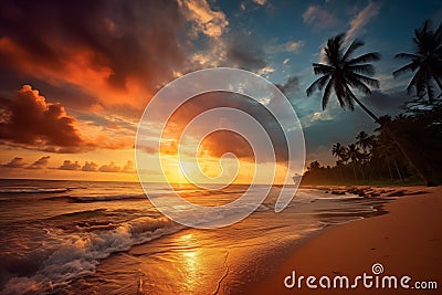 Palms on beach and sunset over sea Stock Photo