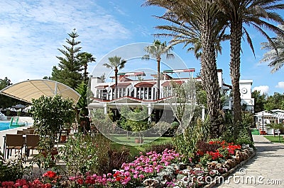 Palms and flowers near pool in hotel, Turkey. Editorial Stock Photo