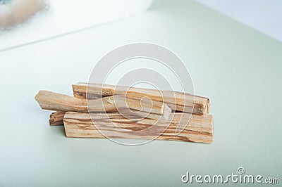 Palo Santo bars close-up and copy space. Ritual cleansing with sacred ibiocai, meditation, aromatherapy with incense and Stock Photo