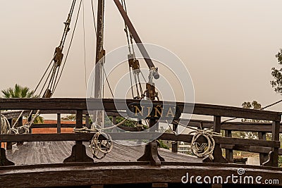 View of the foredeck of the historic Nina sailing ship with traditional rope rigging and wooden mast Editorial Stock Photo