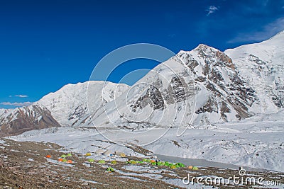 Lenin or Ibn Sina Avicenna Peak bace camp tents Stock Photo