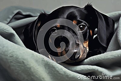 Pamper dog (Dachshund) in bed. Generative AI Stock Photo