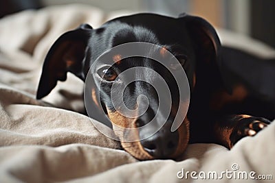 Pamper dog in bed. Generative AI Stock Photo