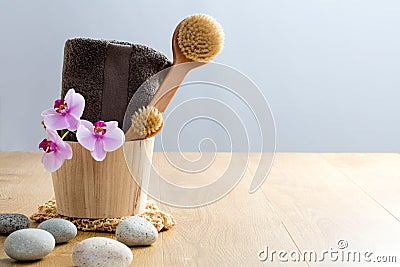 Pamper, exfoliate, wash up, cleanse, dry brush, detox for wellbeing Stock Photo