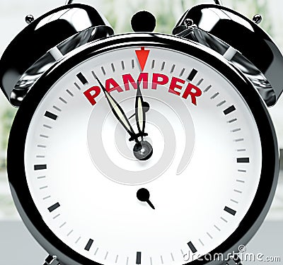 Pamper soon, almost there, in short time - a clock symbolizes a reminder that Pamper is near, will happen and finish quickly in a Cartoon Illustration