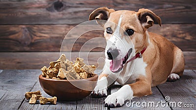 Pampered pup treats in bowl on wooden surface, canine delight Stock Photo