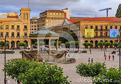 Historic Plaza del Castillo in Pamplona, Spain famous for running of the bulls Editorial Stock Photo