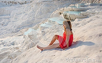 Pamukkale, natural pool with blue water and girl, Turkey Stock Photo