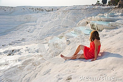 Pamukkale, natural pool with blue water and girl, Turkey Stock Photo
