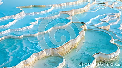 Pamukkale s hillside white travertine terraces with mineral rich baby blue thermal waters Stock Photo