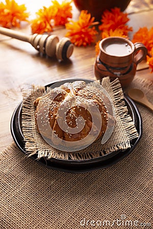 Pan de Muerto with sesame seeds and Hot Chocolate Stock Photo