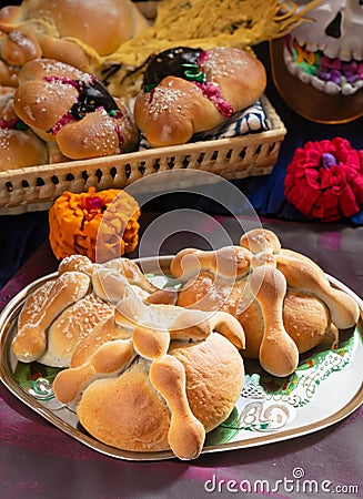 Pan de Muerto, traditional Mexican bread of the dead, latin folklore. AI generated Stock Photo