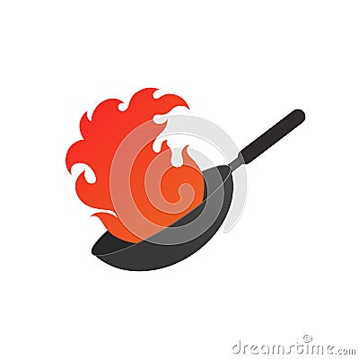 Pan with fire. Wok logo vector illustration with red flames Vector Illustration