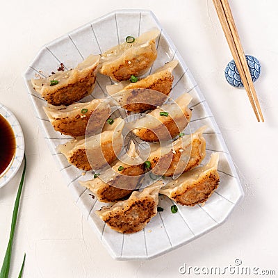 Pan-fried gyoza dumpling jiaozi in a plate with soy sauce on white table background Stock Photo