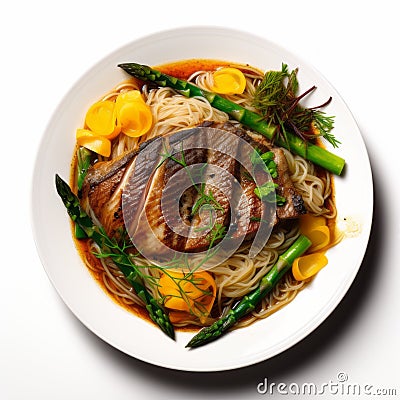 Pan Fried Noodles With Asparagus And Tomatoes Stock Photo