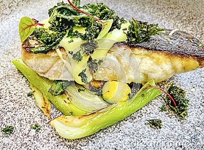 Pan fried seabass with mediterranean style sauteed fennel Stock Photo