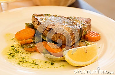 Pan-Fried Tuna Steaks. Stock Photo