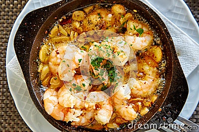 Pan of Garlic prawns Stock Photo