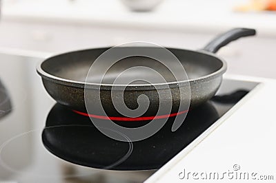 The pan is on the included electric stove Stock Photo