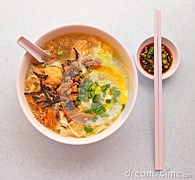 Pan Mee Noodle with Egg and Anchovies Stock Photo