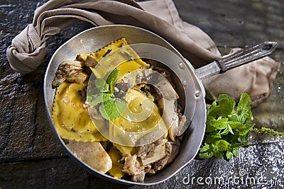 Pan Of Mushroom Ravioli Stock Photo