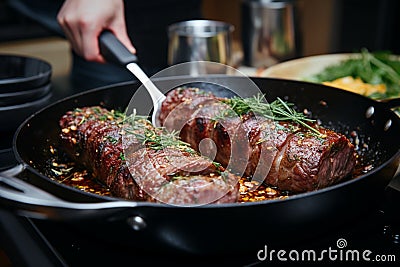 Pan seared goodness close up of meat rolls cooking with spices Stock Photo