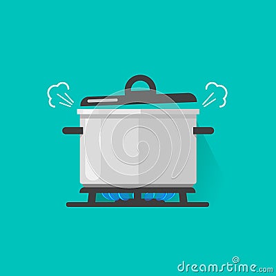 Pan with steam on gas stove fire cooking some boiling food vector illustration isolated, flat cartoon saucepan and Vector Illustration