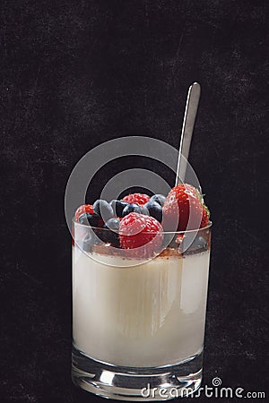 Panakota creamy Italian dessert in a glass beaker with berries on a dark background Stock Photo