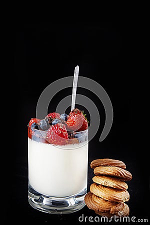 Panakota creamy Italian dessert in a glass cup with berries and a stack of ginger cookies Stock Photo