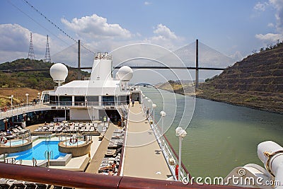 Panama canal, Cruise ship goes on the Panama canal. We left behind the Centennial Bridge. Stock Photo