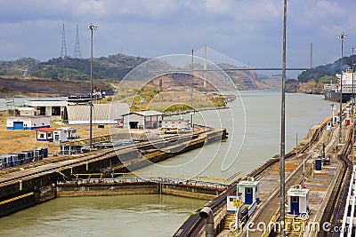 Panama canal, Exit the first lock. Ahead Of The Centennial Bridge. Stock Photo