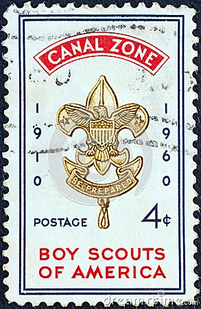 PANAMA CANAL ZONE - CIRCA 1960: A stamp printed in Panama Canal Zone issued for the the 50th anniversary of Boy Scouts of America Editorial Stock Photo