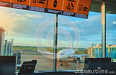 Panama City, Panama: Boarding gate entrance with information board in airpot Panama City, Panama. Stock Photo