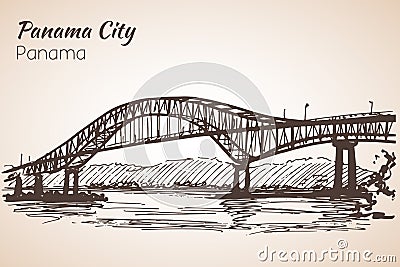 Panama city bridge sityscape sketch. Panama. Vector Illustration