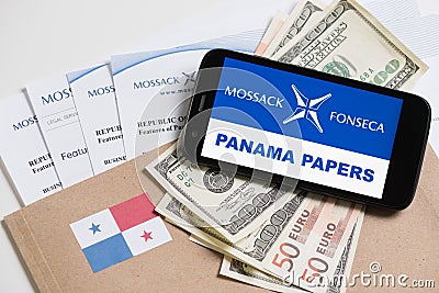 Panama Papers Mossack Fonseca documents and currency Editorial Stock Photo
