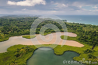 Panama. Tropical Island Aerial View. Wild coastline, Bocas del Toro, Central America, Panama. Stock Photo