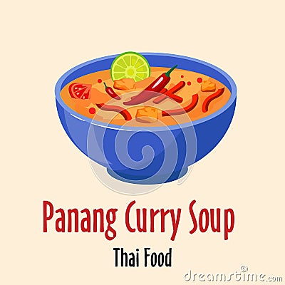 Panang curry thai soup icon, spicy tasty dish in colorful bowl isolated vector illustration. Vector Illustration