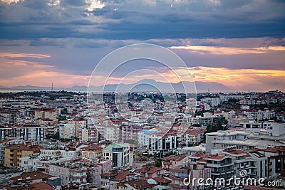 Panarama of Manavgat city, Turkey at sunset. View from the observation deck Stock Photo