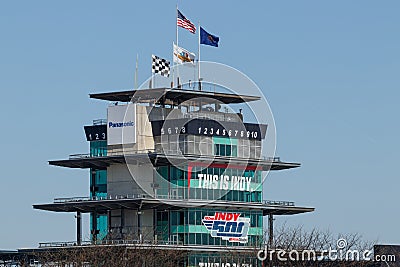 The Pagoda flying the American flag at Indianapolis Motor Speedway. IMS Prepares for the running of the Indy 500 Editorial Stock Photo