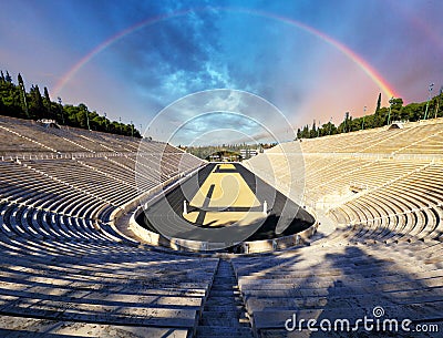 Panathenaic stadium in Athens with rainbow, Greece Stock Photo