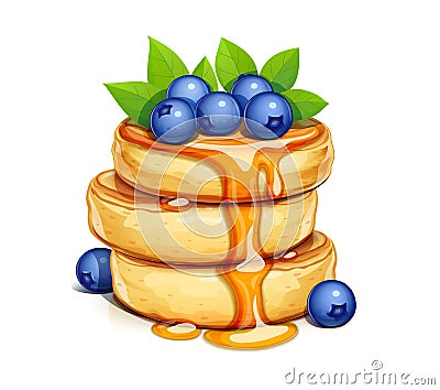 Pancake with blueberries and honey. Sweet dessert breakfast Vector Illustration