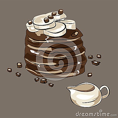 Pancake cake with bananas and chocolate. A gravy boat, a jug made of clay. Proper nutrition, veganism. All items are separate. Sti Vector Illustration