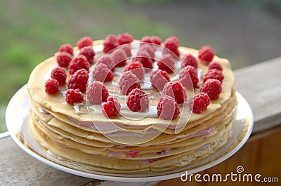 Pancake cake with raspberries Stock Photo