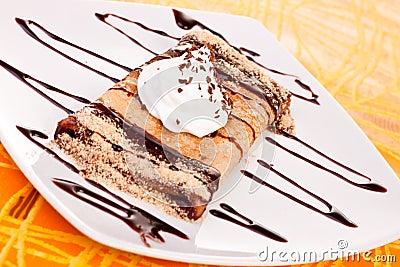 Pancake with chocolate syrup Stock Photo