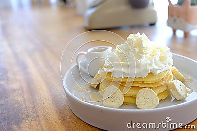 Pancake get served in the morning in the restaurant or the cafe. Food and drink set made by chef and served with hot drink. Stock Photo