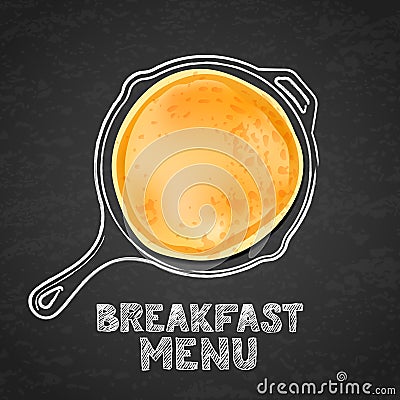 Pancake and hand drawn outline watercolor pan, on black board slate background. Vector design for breakfast dessert menu Vector Illustration