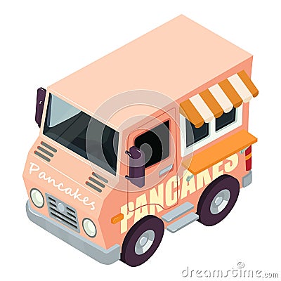 Pancake icon isometric vector. Retro pink vehicle selling pancake in street icon Vector Illustration