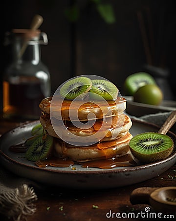 A Pancake with Kiwi Slices and Maple Syrup Cartoon Illustration